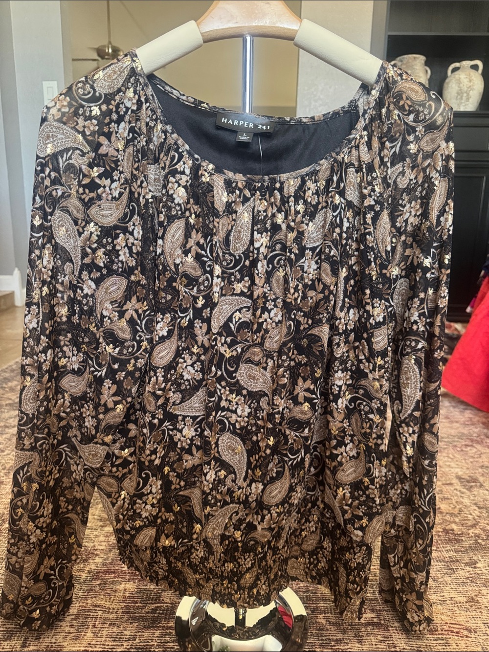 Harper Black and Brown Paisley Floral Long-Sleeve Blouse